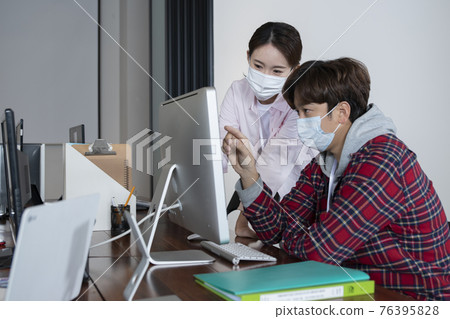 business, startup, people and teamwork concept wearing mask 76395828