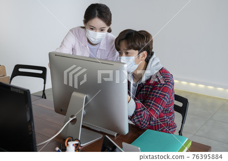 business, startup, people and teamwork concept wearing mask 76395884