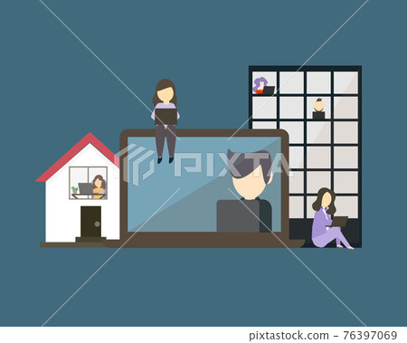 hybrid workplace with employees working from both office and home vector 76397069