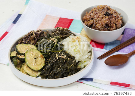 Boreum Namul and Ogok Bap of Korea, variety of edible grass and five grain bean rice Boreum Namul and Ogok Bap of Korea, variety of edible grass and five grain bean rice 76397483