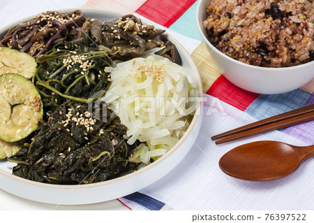 Boreum Namul and Ogok Bap of Korea, variety of edible grass and five grain bean rice 76397522