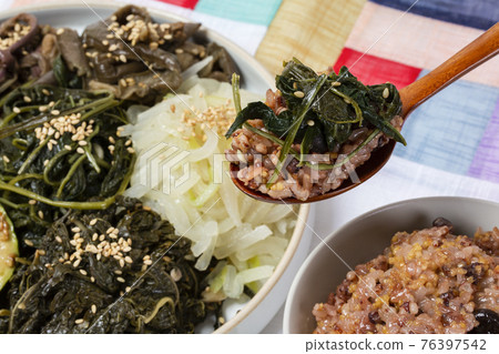 Boreum Namul and Ogok Bap of Korea, variety of edible grass and five grain bean rice 76397542