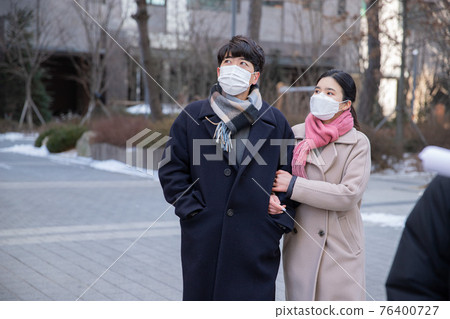Asian couple with face masks in apartment complex Asian couple with face masks in apartment complex 76400727