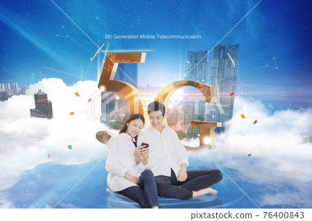 5G, Asian woman and man looking at mobile phones 5G, Asian woman and man looking at mobile phones 76400843
