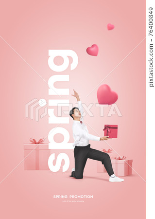 spring sale promotion poster with Asian male in suit kneeling down spring sale promotion poster with Asian male in suit kneeling down 76400849