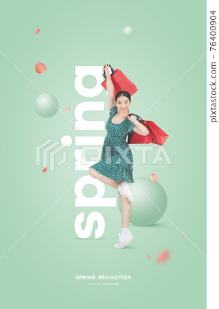 spring sale promotion poster with Asian female model dancing with shopping bags spring sale promotion poster with Asian female model dancing with shopping bags 76400904