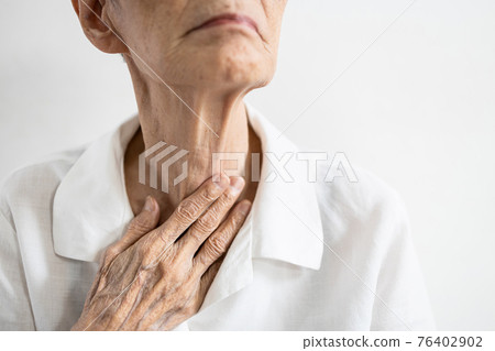 Asian senior patient touching neck with her hand,old elderly has sore throat,foreign body stuck in throat,painful swallowing,pain cough,inflammation of the larynx,throat problems or laryngitis disease Asian senior patient touching neck with her hand,old elderly has sore throat,foreign body stuck in throat,painful swallowing,pain cough,inflammation of the larynx,throat problems or laryngitis disease 76402902