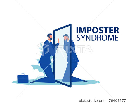 Imposter syndrome.businessman looking a mirror with fear shadow behind,Mental Health Problems, Anxiety and lack of self confidence at work Vector Illustration 76403377