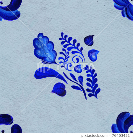 Blue floral seamless pattern in Russian gzhel background 76403431
