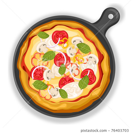 Vegetarian pizza on a graphite board with ingredients. 76403703