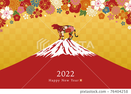 日式花紋花剪影虎（虎）紅富士優雅奢華2022年新年賀卡模板矢量圖邊 76404258