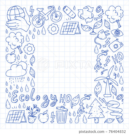 Vector logo, design and badge in trendy drawing style - zero waste concept, recycle and reuse, reduce - ecological lifestyle and sustainable developments icons. pen drawing on checkered paper. Vector logo, design and badge in trendy drawing style - zero waste concept, recycle and reuse, reduce - ecological lifestyle and sustainable developments icons. pen drawing on checkered paper. 76404832