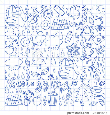 Vector logo, design and badge in trendy drawing style - zero waste concept, recycle and reuse, reduce - ecological lifestyle and sustainable developments icons. pen drawing on checkered paper. 76404833