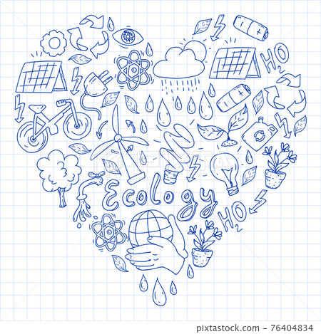 Vector logo, design and badge in trendy drawing style - zero waste concept, recycle and reuse, reduce - ecological lifestyle and sustainable developments icons. pen drawing on checkered paper. Vector logo, design and badge in trendy drawing style - zero waste concept, recycle and reuse, reduce - ecological lifestyle and sustainable developments icons. pen drawing on checkered paper. 76404834