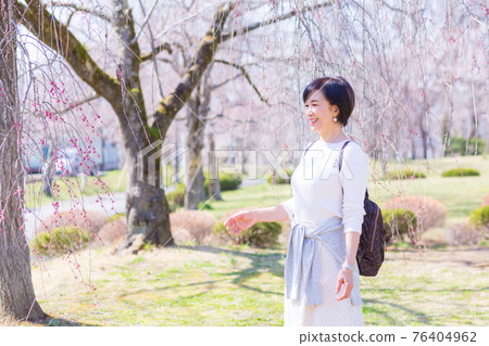 欣賞染井吉野櫻花的中年婦女 76404962