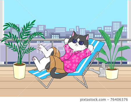 A cat in an aloha shirt lying on a beach chair sunbathing on the balcony of an apartment A cat in an aloha shirt lying on a beach chair sunbathing on the balcony of an apartment 76406376