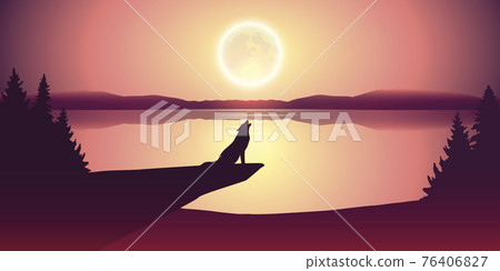 wolf howls at full moon by lake nature landscape wolf howls at full moon by lake nature landscape 76406827