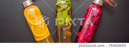 BANNER, LONG FORMAT Cambucha with various fruits arranged in the form of a rainbow. Homemade fermented raw kombucha tea with different flavorings. Healthy natural probiotic flavored drink BANNER, LONG FORMAT Cambucha with various fruits arranged in the form of a rainbow. Homemade fermented raw kombucha tea with different flavorings. Healthy natural probiotic flavored drink 76408693