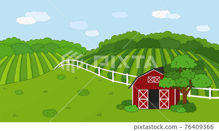 Summer or spring farm doodle concept in countryside. Cartoon vector cute Red barn with open doors, white fence and clouds, green field, planted plantations, bushes and plants for animal life. 76409366