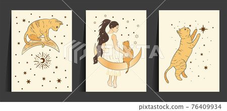 Celestial woman and cat card. Celestial woman and cat card. 76409934