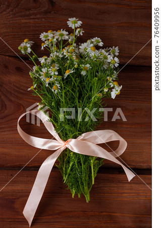 Blooming fresh camomiles bouquet with ribbon bow on wooden background. Beautiful chamomile flowers with green leaves. 76409956