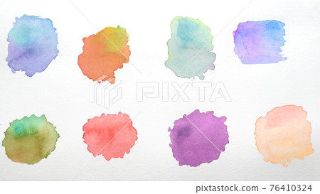 set of abstract splashes paint brush of colorful multicolored watercolor on white paper background set of abstract splashes paint brush of colorful multicolored watercolor on white paper background 76410324
