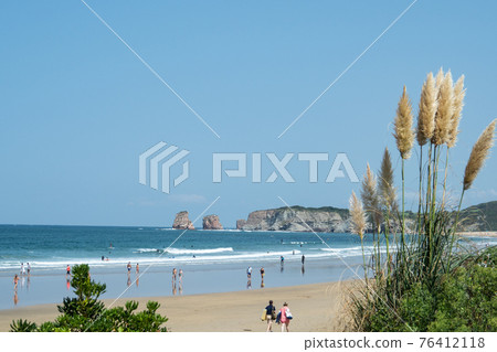 View over the beach of Hendaye, France, towards the sea and the rock of St.-Anne View over the beach of Hendaye, France, towards the sea and the rock of St.-Anne 76412118