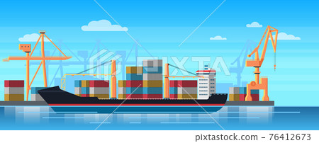 Logistics truck and transportation container ship. Cargo harbor port with industrial cranes. Shipping yard vector illustration. 76412673