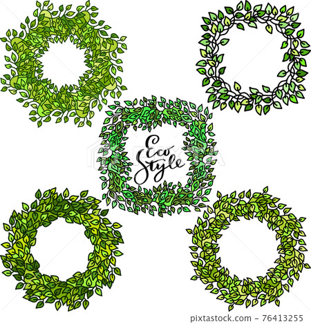 Set of green ecology leaves frames. Eco style templates. Vector illustration. Set of green ecology leaves frames. Eco style templates. Vector illustration. 76413255