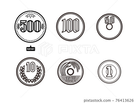 日本貨幣套裝新 500 日元硬幣 100 日元 50 日元 10 日元 5 日元 1 日元插圖矢量 76413626