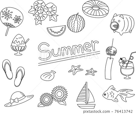 Simple summer material illustration set (monochrome) Simple summer material illustration set (monochrome) 76413742