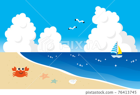 Crabs on the sandy beach, summer cumulonimbus and seagulls, yachts. The sea seen from an angle 76413745