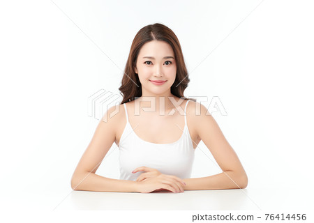 Beautiful young asian woman with clean fresh skin on white background, Face care, Facial treatment, 76414456