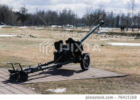 View of the russian cannons and howitzers in a park. Military museum outdoors 76415169