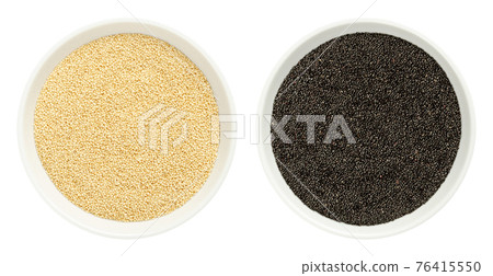 Amaranth grain in white bowls. Seeds of black and white Amaranthus, gluten free pseudocereals, a staple food and source of protein of the Aztecs. Close-up, from above, over white, macro food photo. Amaranth grain in white bowls. Seeds of black and white Amaranthus, gluten free pseudocereals, a staple food and source of protein of the Aztecs. Close-up, from above, over white, macro food photo. 76415550