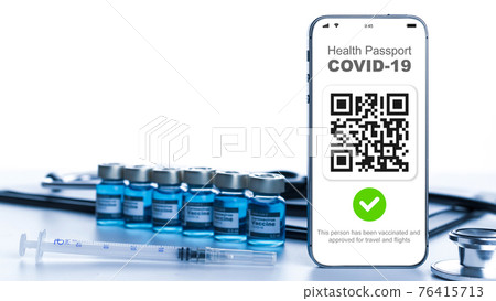 Health certificate. Medical equipment with Coronavirus vaccine certificate on phone screen, healthcare charts, syringe and doctor stethoscope on hospital white background. Digital passport concept. Health certificate. Medical equipment with Coronavirus vaccine certificate on phone screen, healthcare charts, syringe and doctor stethoscope on hospital white background. Digital passport concept. 76415713