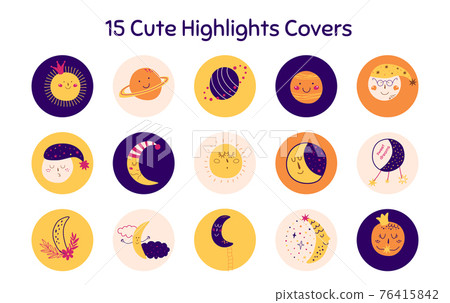 Highlights story icons for social media in childish style. Cute faces, moon, sun icons. Kids, baby social net design. 76415842