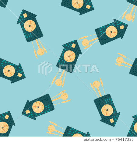 Contrast seamless pattern with navy blue cuckoo clock silhouettes print. Random time backdrop. Contrast seamless pattern with navy blue cuckoo clock silhouettes print. Random time backdrop. 76417353