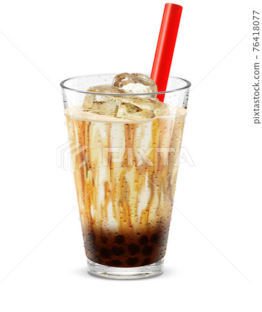 Glass tapioca brown sugar milk drink ice illustration real straw 76418077