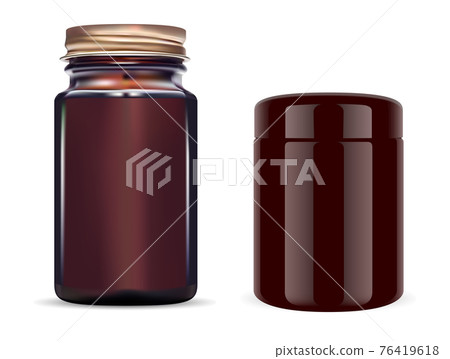 Amber glass bottle. Brown cosmetic jar, pill, oil 76419618