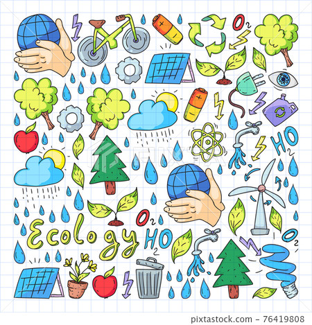 Vector logo, design and badge in trendy drawing style - zero waste concept, recycle and reuse, reduce - ecological lifestyle and sustainable developments icons. Drawing on squared notebook. 76419808