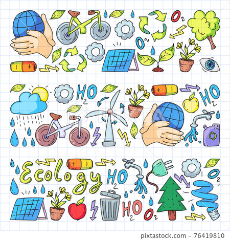 Vector logo, design and badge in trendy drawing style - zero waste concept, recycle and reuse, reduce - ecological lifestyle and sustainable developments icons. Drawing on squared notebook. 76419810