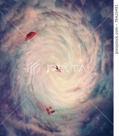 Surreal view of a cosmic wormhole. Person absorbed by a magical celestial swirl. Teleportation in the wonderland. Conceptual time and space travel scene. Collapse into whirlwind. Theory of relativity Surreal view of a cosmic wormhole. Person absorbed by a magical celestial swirl. Teleportation in the wonderland. Conceptual time and space travel scene. Collapse into whirlwind. Theory of relativity 76420491
