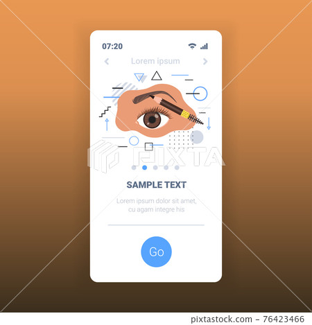 beautiful woman drawing shape of eyebrow contouring brows with cosmetic pencil professional make up eyebrows shaping concept smartphone screen mobile app copy space 76423466
