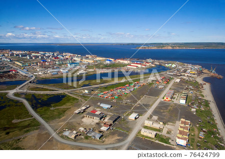 Aerial view of Tavayvaam village (on the right) and Anadyr city (on the left behind the river). 76424799