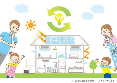Image of eco-house and smiling family 76426035