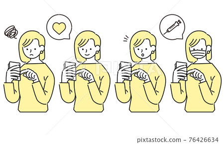 Illustration of a woman shopping and making a vaccine reservation on her smartphone 76426634