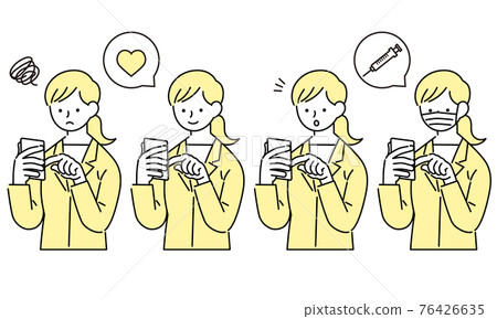 Illustration of a woman shopping and making a vaccine reservation on her smartphone 76426635