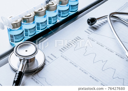 Medical statistics. Healthcare medical infographic, doctor health stethoscope and analysis vaccination statistics on hospital background. Global economy recovery after Covid 19 concept. 76427680