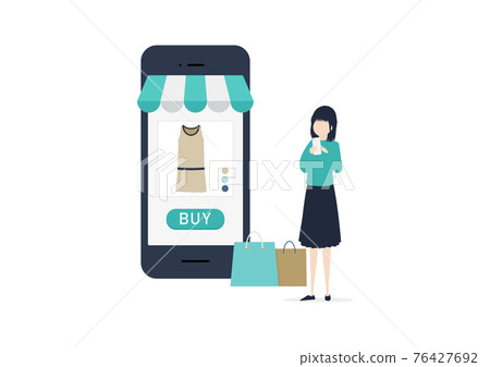 Illustration material of a young Japanese woman enjoying online shopping 76427692